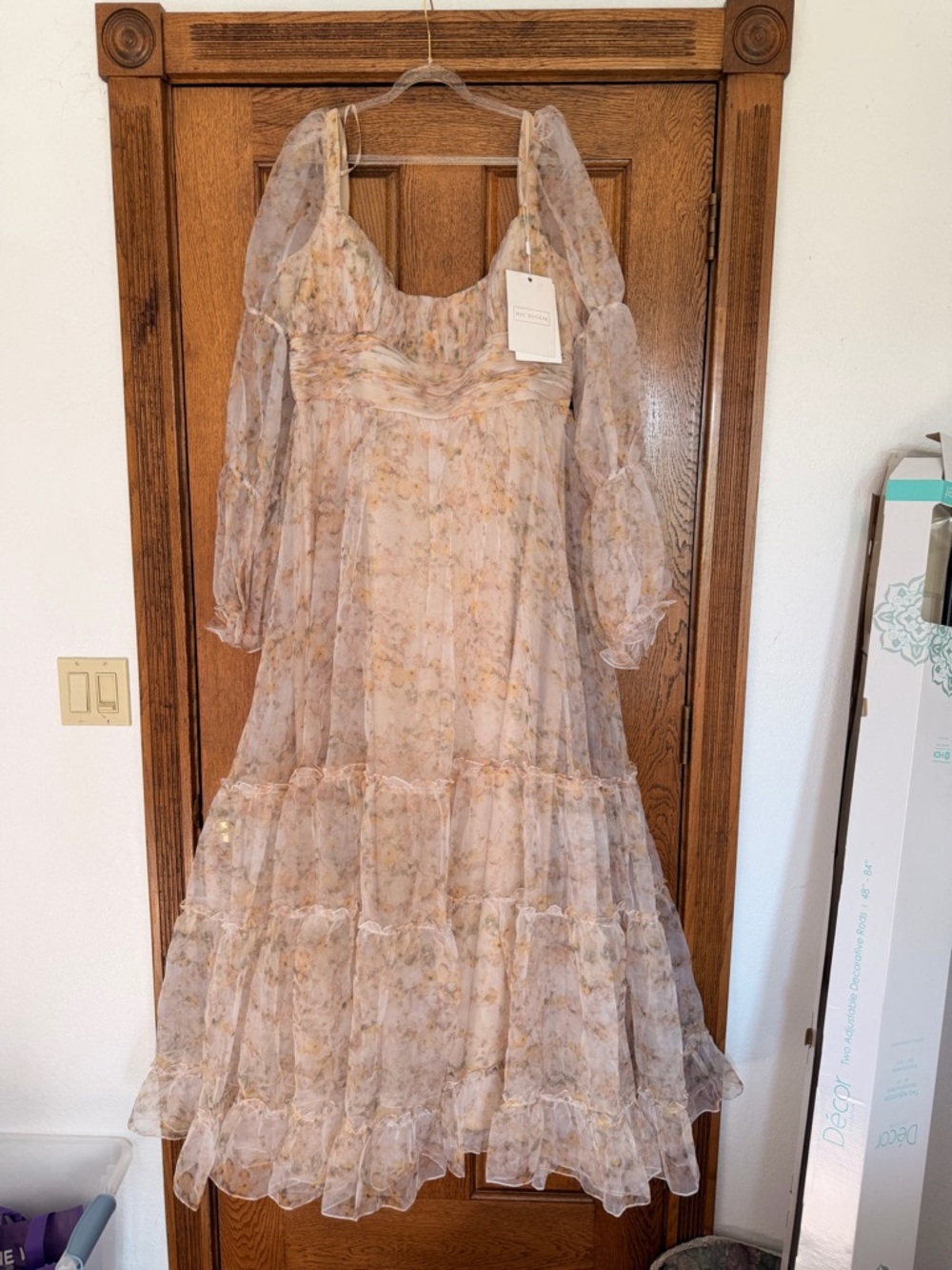 Mac Duggal Sheer Floral Tiered Maxi Dress in Beige and Gold